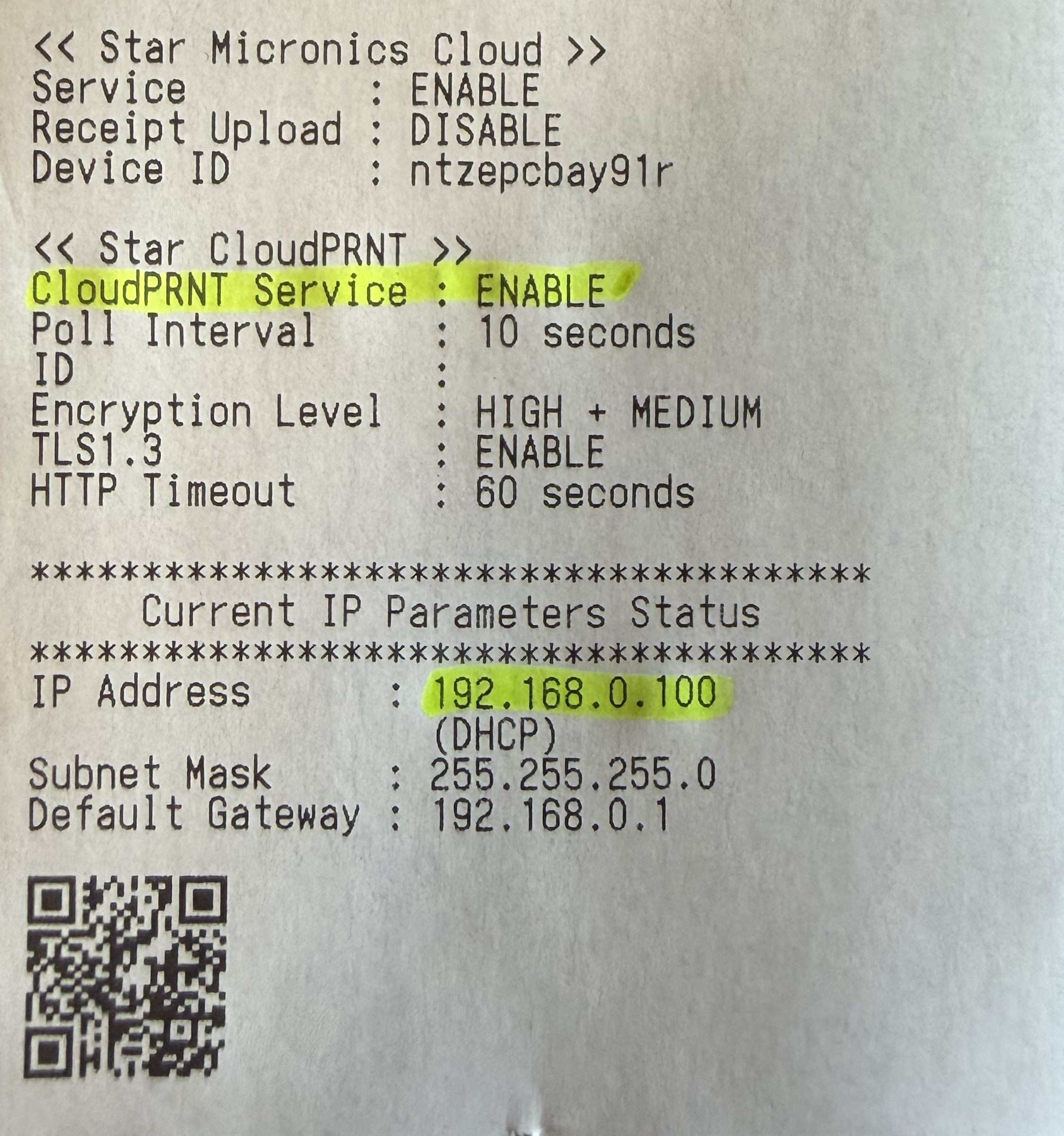 Self-print receipt showing the Star CloudPRNT section and the CloudPRNT Service line