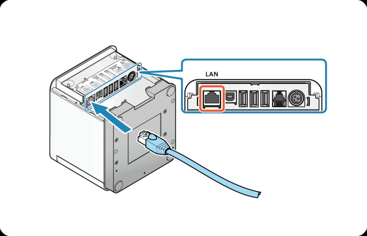 Ethernet cable being plugged into the LAN port on the back of the printer