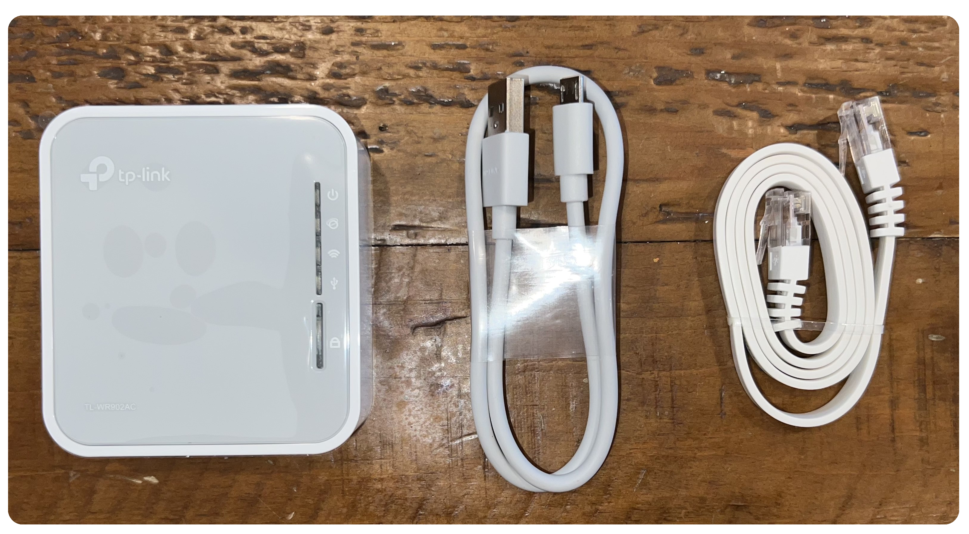 The mini router supplies: mini router, micro USB cable, and ethernet/LAN cable