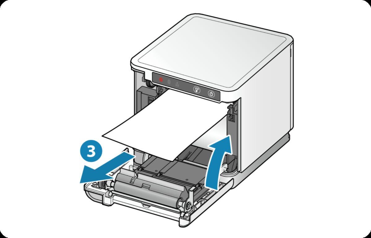 Pulling paper up and out while closing the printer cover