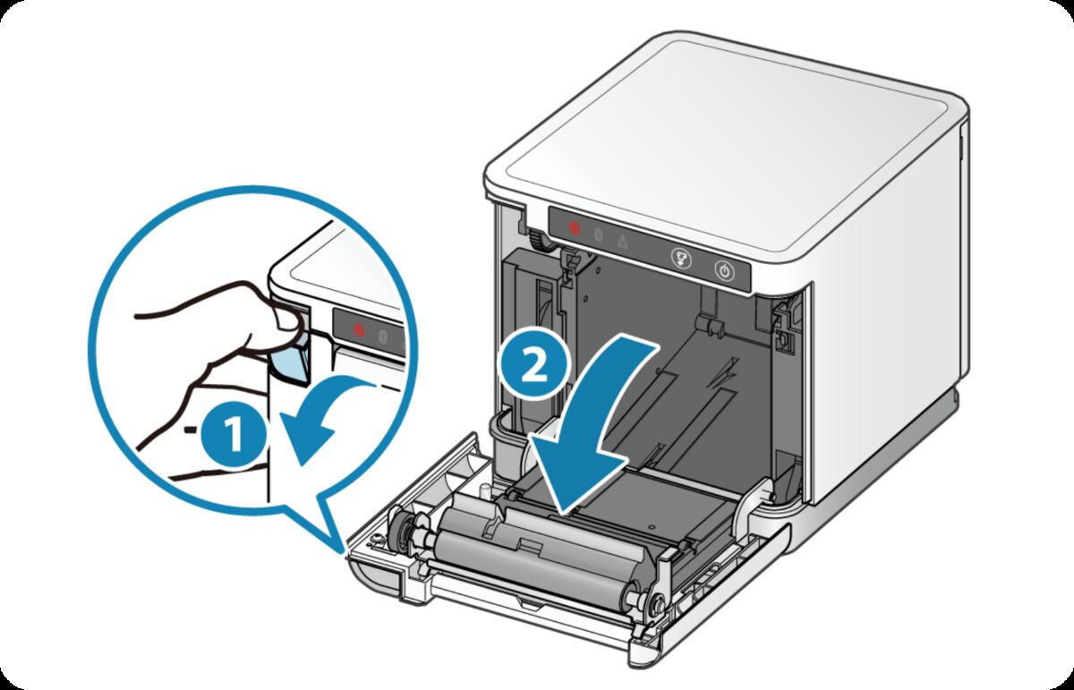 Printer with front cover swinging open, release lever circled
