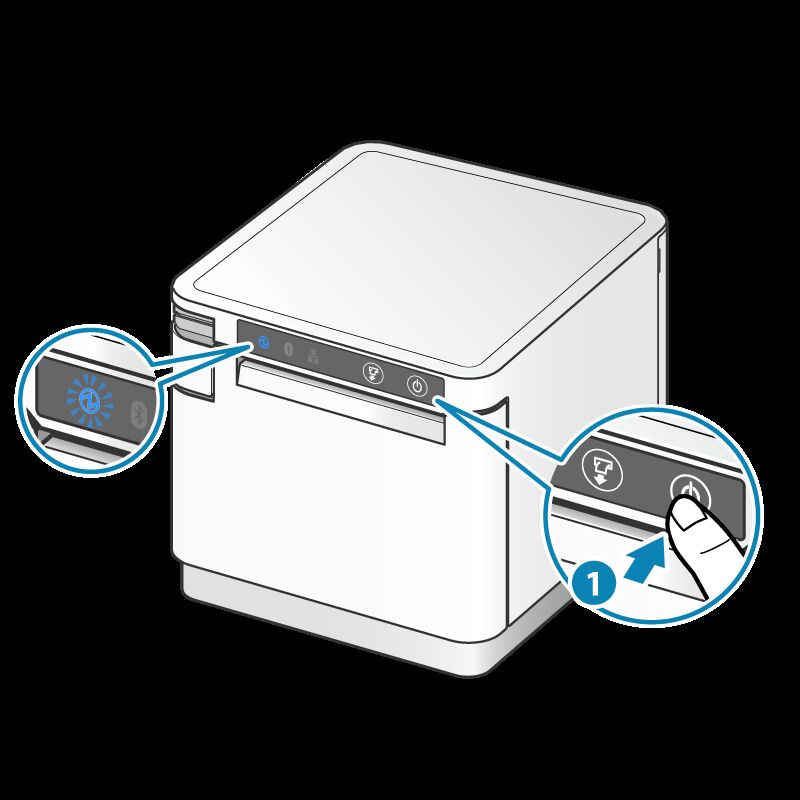 Finger pressing the Power button on the front of the printer