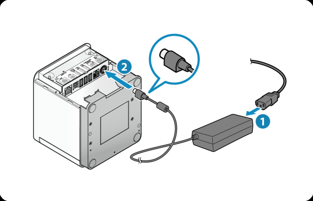 Power cable connecting to AC adapter and into the back of the printer