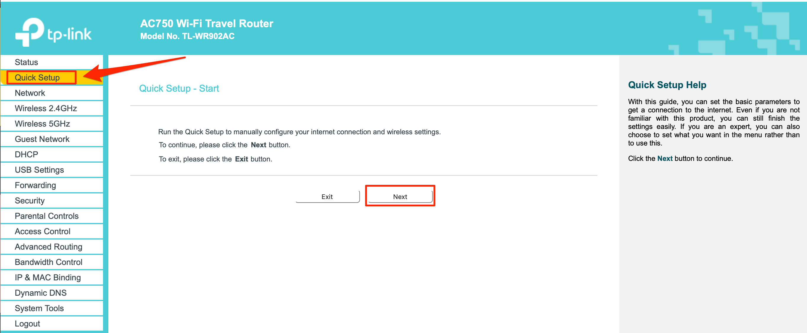 Quick Setup in the TP-Link router setup page