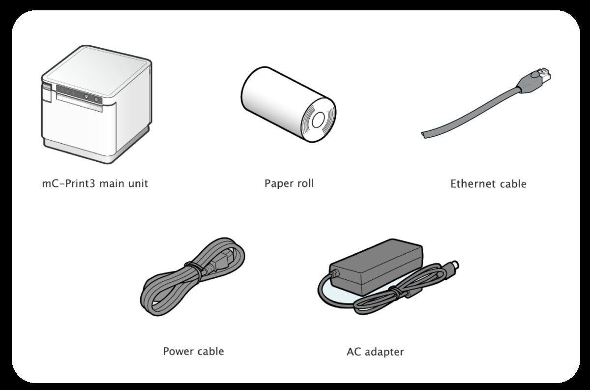 The five items in the printer box: mC-Print3 main unit, paper roll, ethernet cable, power cable, AC adapter