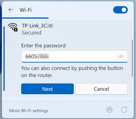 Joining the TP-Link network from Windows WiFi settings